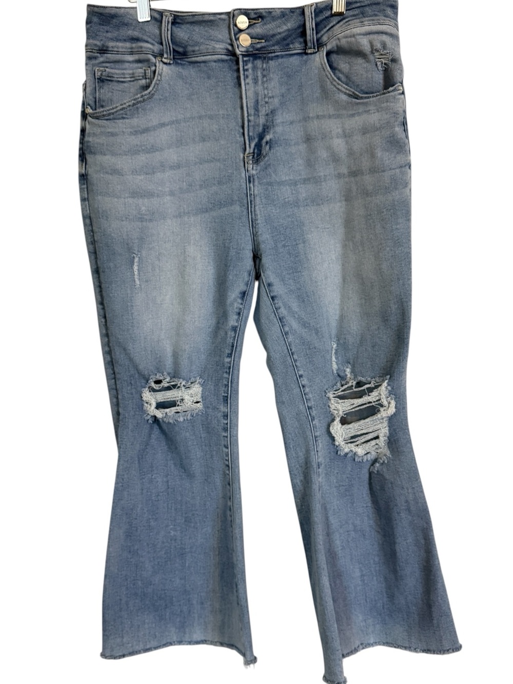 Risen Jeans Womens 1XL High Rise Distressed Crop Flare Raw Hem Light Wash